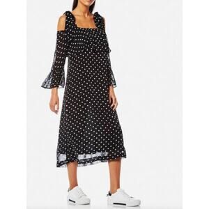 Ganni Cold-shoulder Y2K Polka dot Georgette Dress In Black. Size 36/ US 4